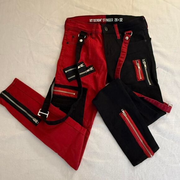 Hot Topic Bondage Denim Black & Red Colorblock Suspender Stinger Jeans - Picture 1 of 8